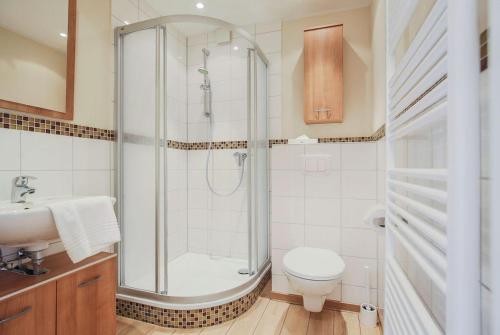 a bathroom with a shower and a toilet and a sink at Buedlfarm-Huehnerstall in Sahrensdorf