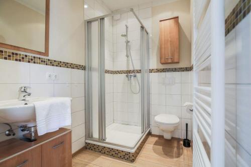 a bathroom with a shower and a toilet and a sink at Buedlfarm-Treckerschuppen in Sahrensdorf