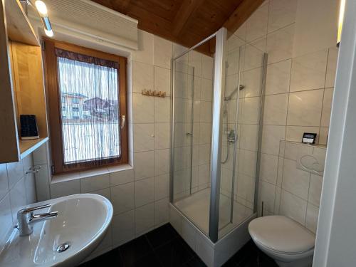 een badkamer met een wastafel, een douche en een toilet bij Ferienwohnung Richter in Rettenberg