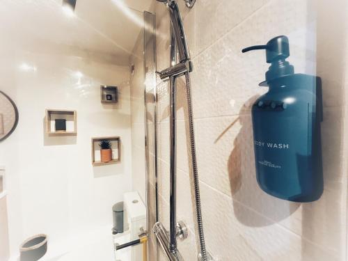 un dispensador de jabón azul en la pared de un baño en Cosy Ocre, en Arles