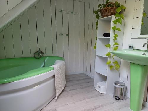 bagno con vasca verde e lavandino di La maison au cœur de la forêt a Rosporden