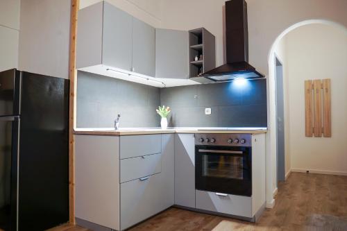 a kitchen with white cabinets and a black refrigerator at HoFer am Zeitberg Ferienwohnung Wildeck in Bad Kohlgrub