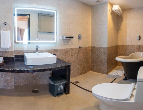 a bathroom with a sink and a toilet and a mirror at Pokhara Alpine and Springs in Pokhara