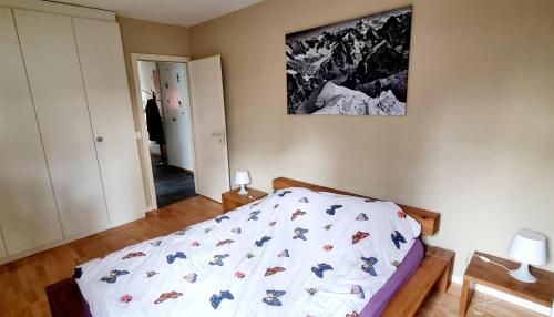 1 dormitorio con 1 cama y una foto en la pared en Appartement avec terrasse, en Sion