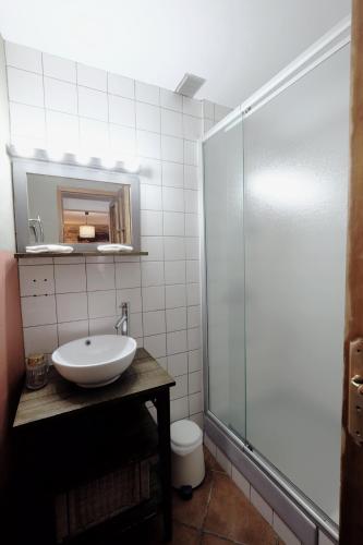 a bathroom with a sink and a shower at la Ferme de Vazerat in Massiac