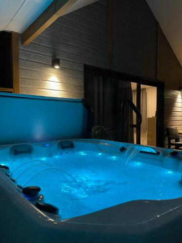 a large blue bath tub in a room at Domaine les 2 Mondes in Aydat