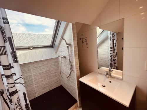 ein Bad mit einem Waschbecken und einer Dusche mit einem Fenster in der Unterkunft LA MARIEFACTURE - Comme à la Montagne in Faulquemont
