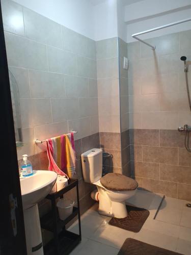 uma casa de banho com um WC, um lavatório e um chuveiro em Apparemment propre em Tânger
