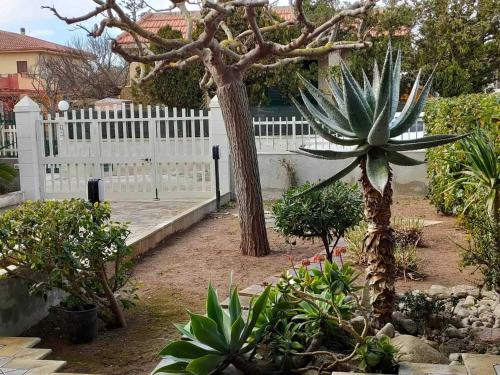 a garden with a white fence and some plants at Villetta Roby in Marina di Modica