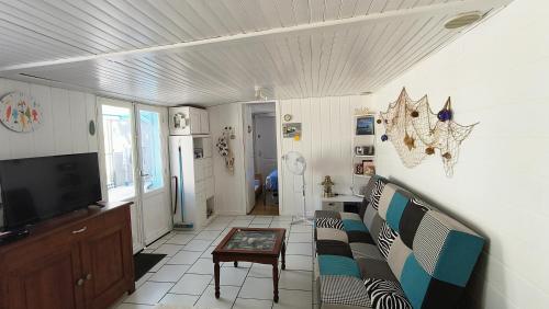 un salon avec un canapé et une télévision dans l'établissement La petite maison bleue 2 à 3 personnes, à Andernos-les-Bains