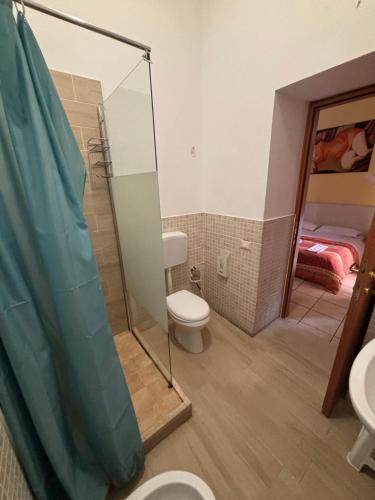トラーパニにあるGli Agrumi Roomsのバスルーム(トイレ、ガラス張りのシャワー付)