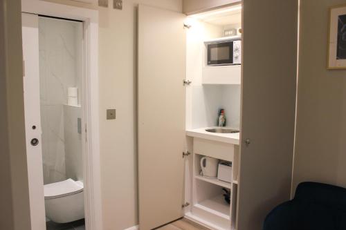 a small bathroom with a sink and a microwave at Hendon Studios in The Hyde