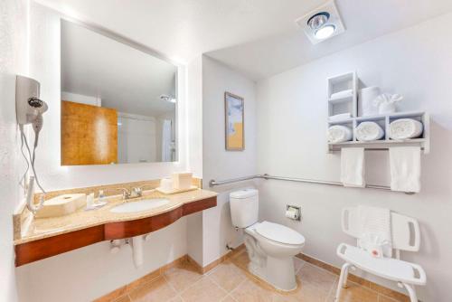 a bathroom with a toilet and a sink and a mirror at Comfort Inn - Killeen near Fort Cavazos in Killeen