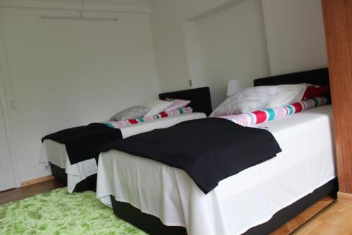 two twin beds in a bedroom with a green rug at Apartments Ålholmvej in Copenhagen