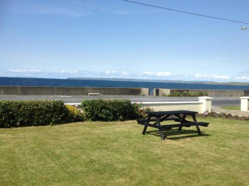 - une table de pique-nique assise dans l'herbe près de l'océan dans l'établissement Seaside Accomodation, à Quilty