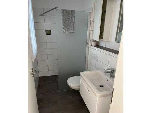 a white bathroom with a toilet and a sink at Holiday apartment Weinberghäusle in Sasbach am Kaiserstuhl