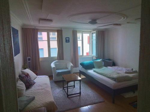 un soggiorno con divano e sedia di tiny flat a St. Gallen