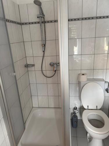 a bathroom with a shower and a toilet at Hotel & Restaurant Dalmacija Polch in Polch