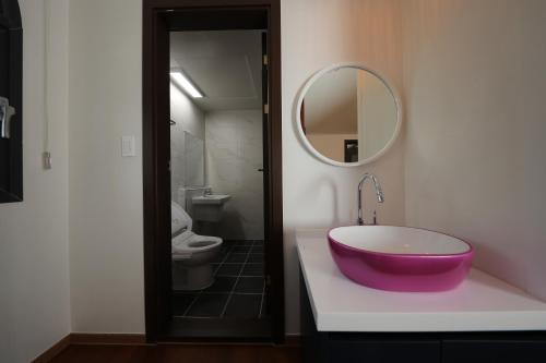 a bathroom with a purple sink and a mirror at Park Art Villas in Buyeo
