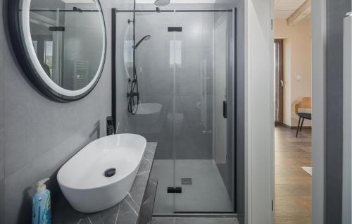 a bathroom with a sink and a shower with a mirror at Amazing Home In Sveti Lovrec With Outdoor Swimming Pool in Vošteni