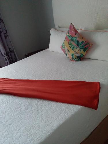 a white bed with a red blanket and a pillow at Reitumetse GuestHouse in Maseru