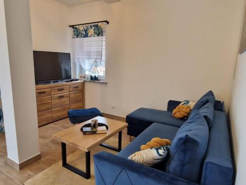uma sala de estar com dois sofás azuis e uma mesa em Dusznickie Apartamenty z widokiem em Duszniki Zdrój