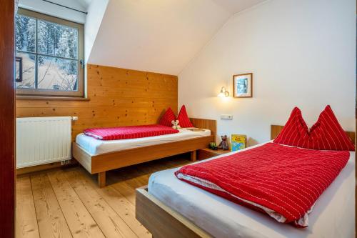 a bedroom with two beds and a window at Lechnerhof Apt 3 in Braies