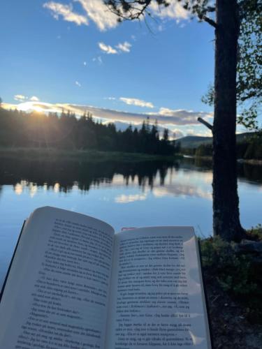 an open book with a view of a lake at ElveRo Lodge in Trysil