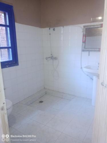 a white bathroom with a shower and a sink at Les délices d Aya in Tahannout
