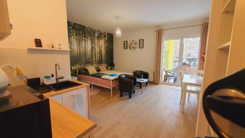 a living room with a couch and a table at Apartament 1 przy Termach Cieplickich in Jelenia Góra