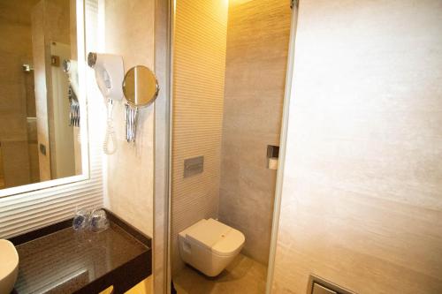 a bathroom with a toilet and a sink and a mirror at Hoteles Urbanos N Avenida de España in Fuenlabrada