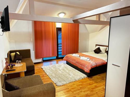 Un dormitorio con una cama, un sofá y un televisor. en Pensiunea Daiadela, en Duşeşti