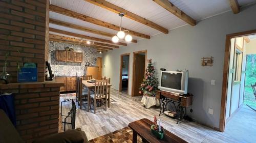 a living room with a television and a christmas tree at Casa Goethe - Bio Cult in Campo Alegre