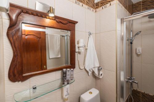 a bathroom with a sink and a mirror and a toilet at Etno selo Stanišići Hotel Pirg in Dvorovi