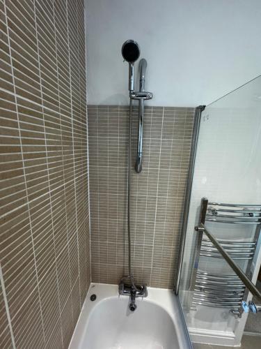 bagno con vasca, doccia e specchio di Doc Fictoria a Caernarfon