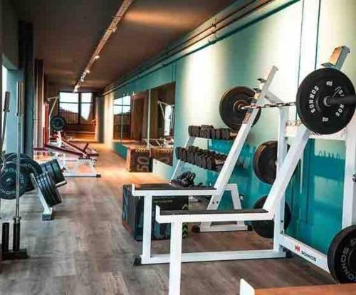 a fitness room with a gym with weights at Elegante departamento a estrenar 2 Dormitorios in Villa Marini