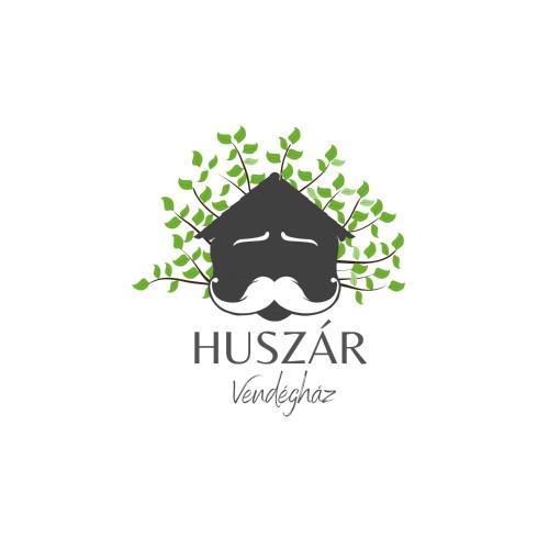 a logo for a restaurant with a mustache and leaves at HUSZÁR VENDÉGHÁZ in Noszvaj