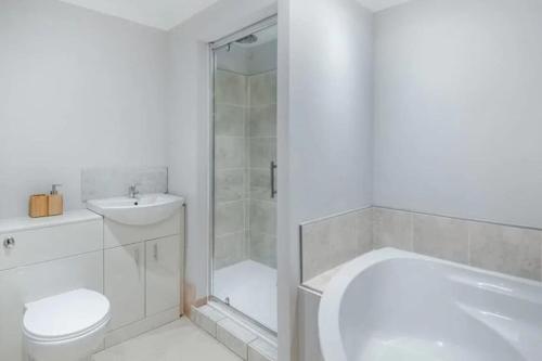 a bathroom with a shower and a toilet and a sink at Mylo’s Cottage - Langrick, Lincolnshire in Boston