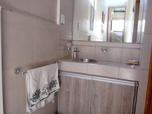 a bathroom with a sink and a mirror and a towel at La Antonia, cabaña al pie de la montaña in Ciudad Lujan de Cuyo