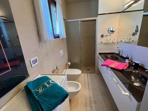 a bathroom with a sink and a toilet and a mirror at Pellegrini Boutique Villa Lake View in Verbania