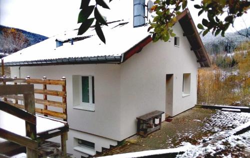 una pequeña casa blanca con techo cubierto de nieve en Les habitats de la chaume, en Plainfaing