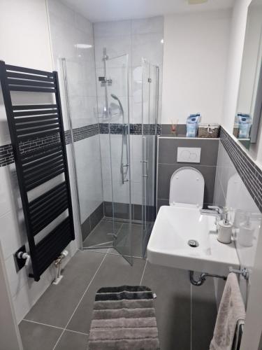 een badkamer met een douche, een toilet en een wastafel bij Ferienwohnung Tihana in Trossingen