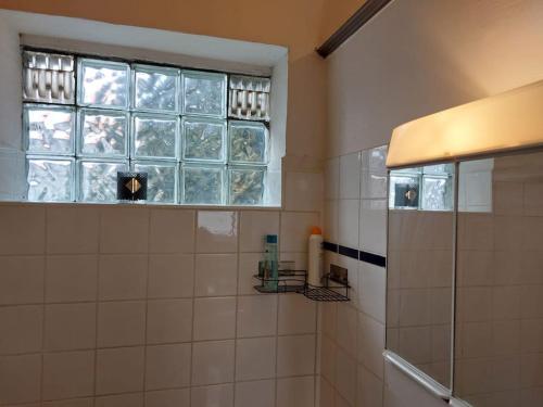 uma casa de banho com um chuveiro e uma janela em Cosy Studio em Bruxelas