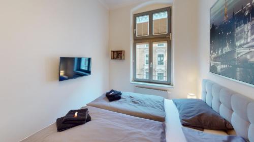 a bedroom with a bed and a tv on the wall at CozyHome Apartment am Hasselbachplatz in Magdeburg