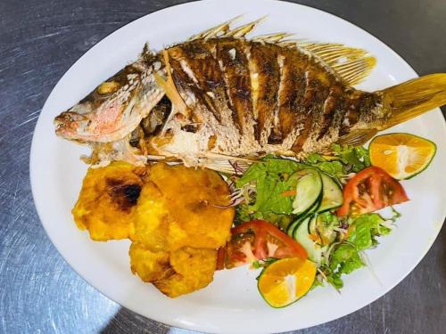 a plate of food with a fish and a salad at Cabinas La Casona Del Pirata in La Cruz
