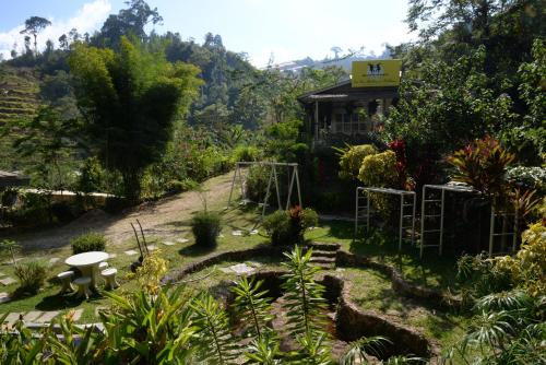 a garden in front of a small building at Moonriver Lodge in Cameron Highlands