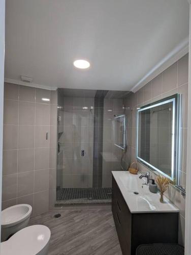 a bathroom with a shower and a sink and a toilet at Bela Vista Solmar 3 B/R in Ponta Delgada