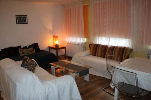 ein Wohnzimmer mit einem Sofa und einem Tisch in der Unterkunft City 2- room flat near uni and Limbecker Platz in Essen
