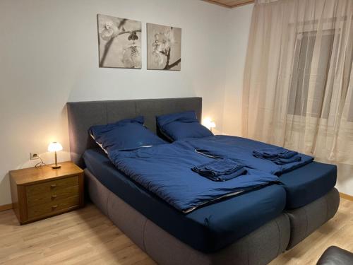 - une chambre avec un lit bleu et des oreillers bleus dans l'établissement Apartment NBG im Zentrum, à Nuremberg