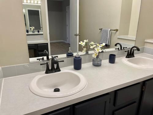 a bathroom counter with two sinks and a mirror at Charming Condo Near WFU and Hospitals, Full Kitchen, Strong WiFi, In-Unit Laundry in Winston-Salem